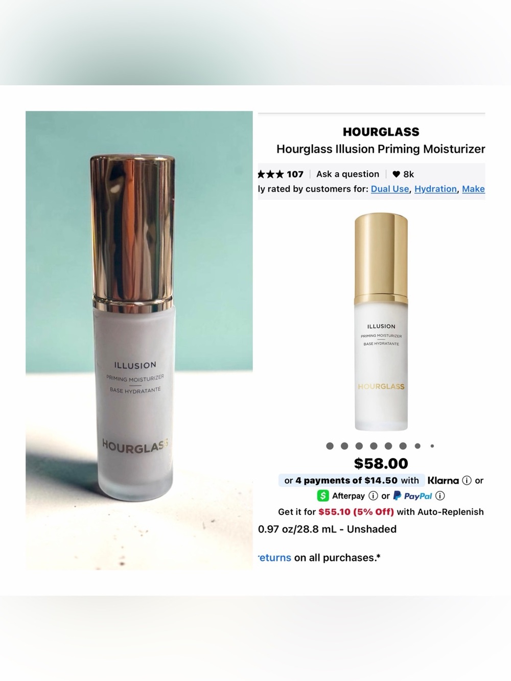 Hourglass Illusion Priming Moisturizer 0.97 oz / 28.8 mL